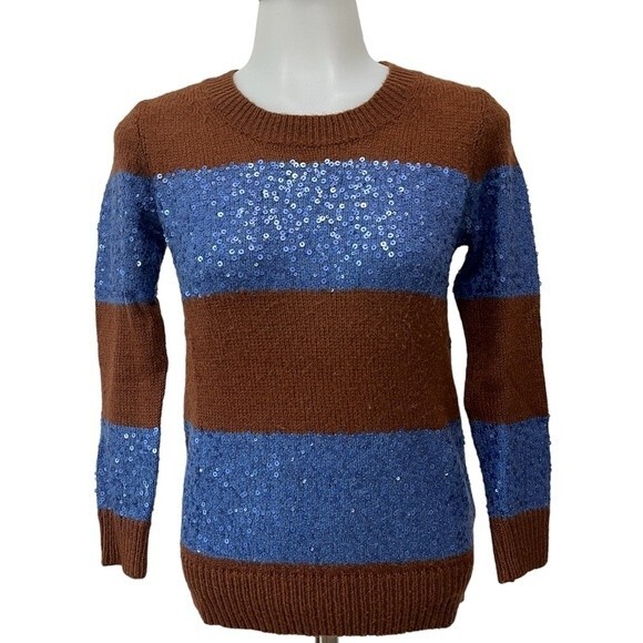 J. Crew WYNTER Brown Blue Sequin Stripe Wool Mohair Blend Sweater Size XS - Picture 2 of 8